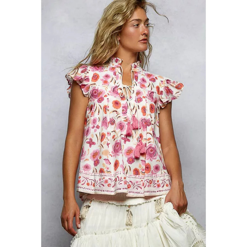 POL Tassel Tied Floral Flutter Sleeve Blouse